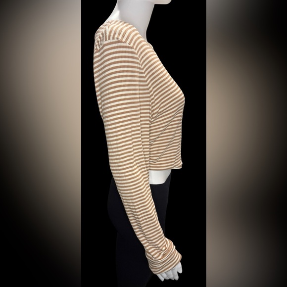 AERIE Offline Long Sleeve Lined Crop Top NEW W TAGS Size L Tan & White Striped - Picture 5 of 16